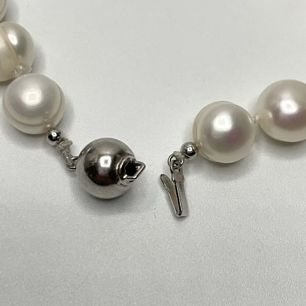Stunning Large Freshwater Pearl Beaded Knotted Necklace Sterling Silver Clasp